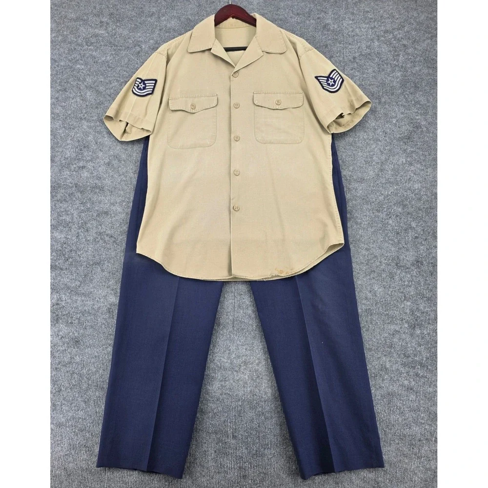 Vintage US Air Force Tan Short Sleeve Uniform Shirt Staff Sergeant Patches 15.5